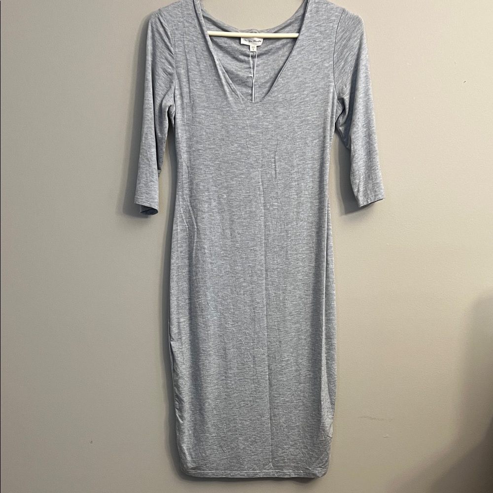 #64 See You Monday Light Gray Stretchy Jersey Dress With 3/4 Sleeves. Size L